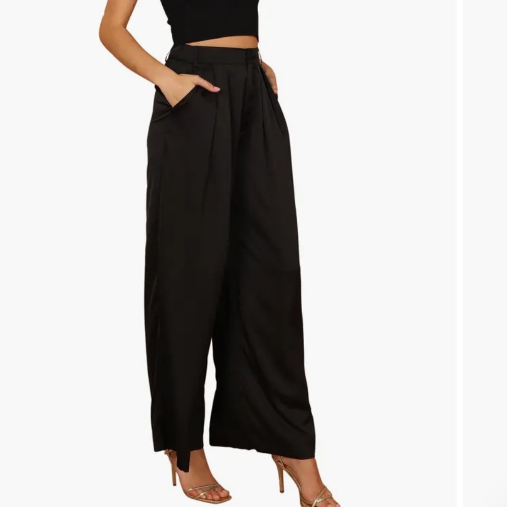 Petal & Pup Black Wellington HighRise Wide Leg Lustrous Silky Satin Pants NWT 12